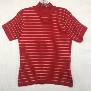 Liz Claiborne PL Mock Neck Red Knit Top Lizsport Short Sleeves White Pinstripes